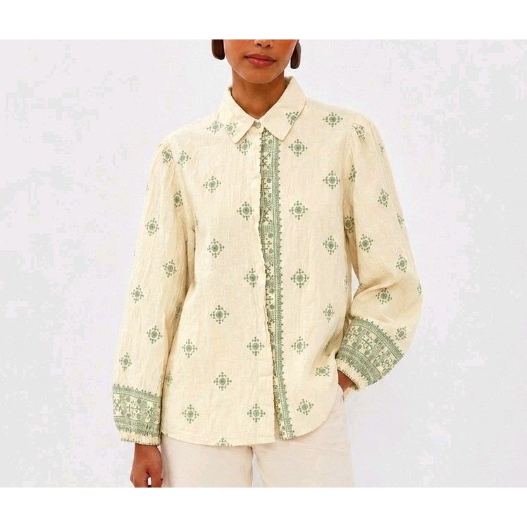 Francesca Bettini Linen Blouse S Embroidered Cream Green Button Up Puff Sleeve